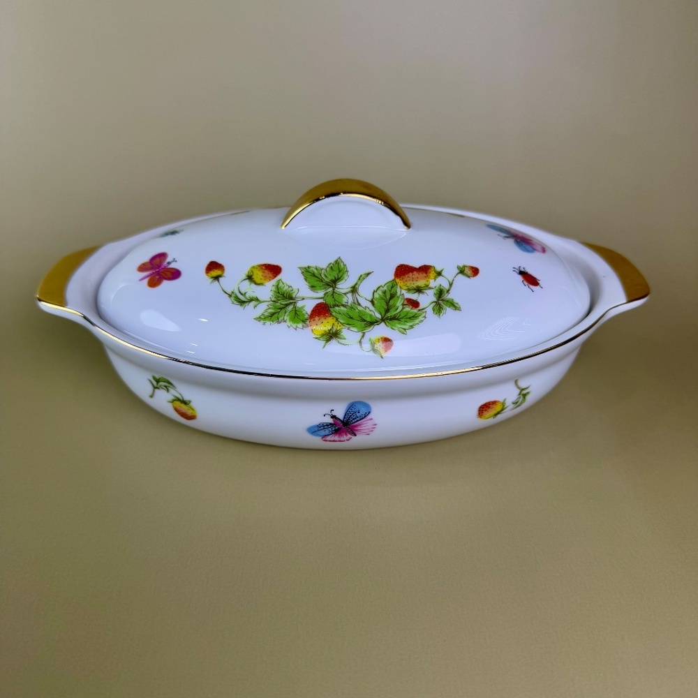 Vintage Lenwile Ardalt Butterfly Strawberry Dish Covered Gold Trim Porcelain